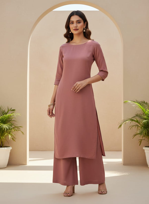 Brown Plain American Crepe Solid Fabric - Straight Kurta with Palazzo Lookbook - PLAC-0-FVS2022670-110 - alternate view
