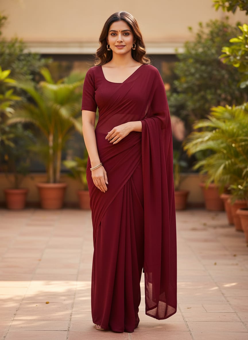 Maroon Red Plain Georgette Solid Fabric