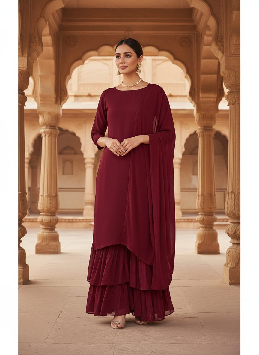 Maroon Red Plain Georgette Solid Fabric