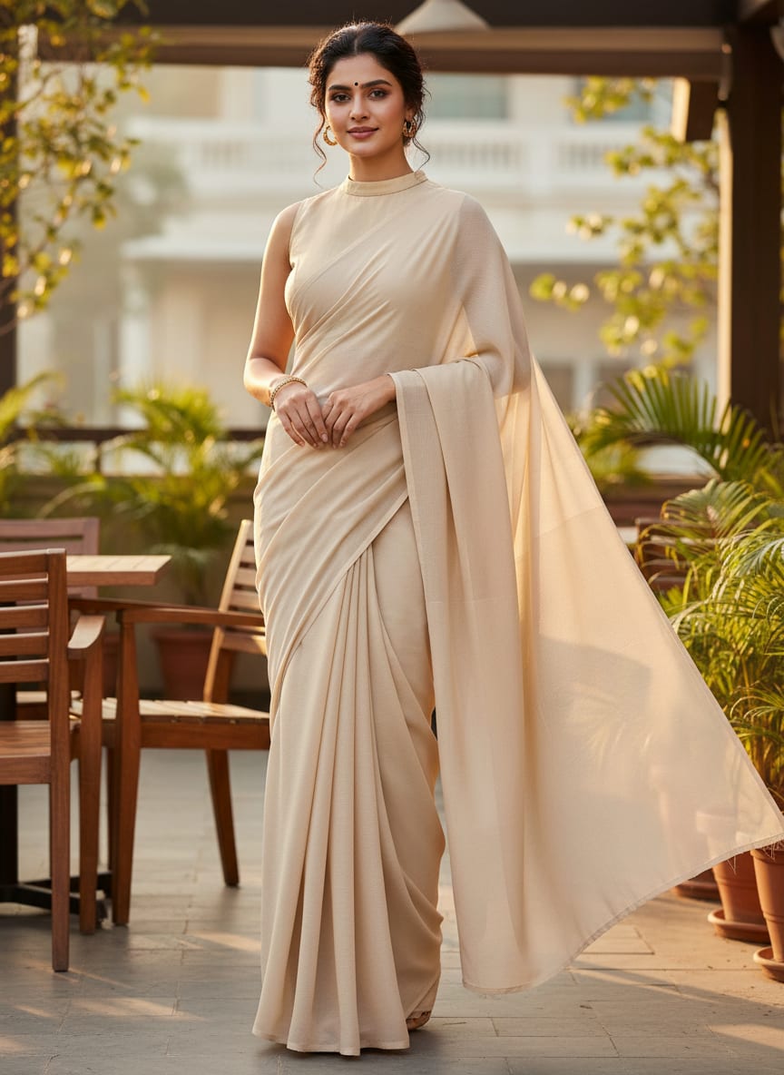 Cream Plain Georgette Solid Fabric