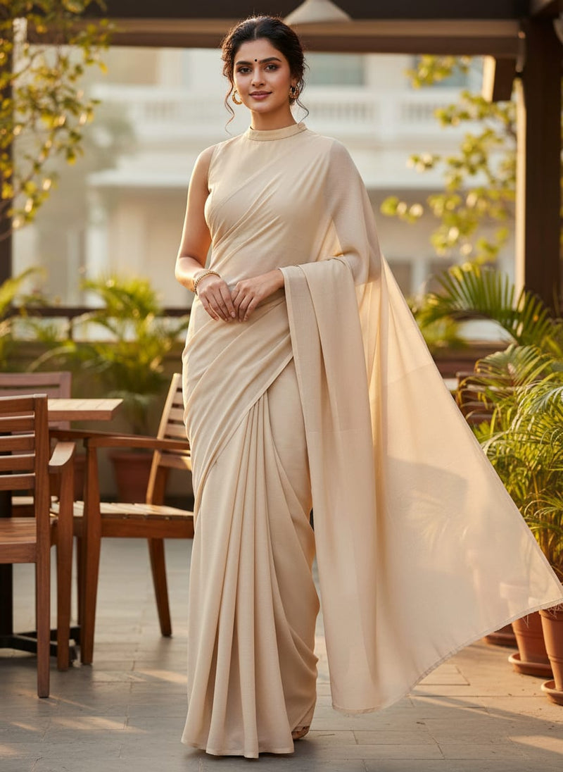 Cream Plain Georgette Solid Fabric