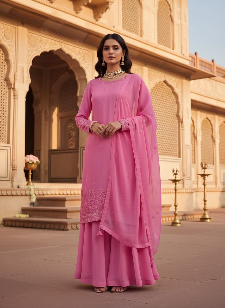 Pink Plain Georgette Solid Fabric