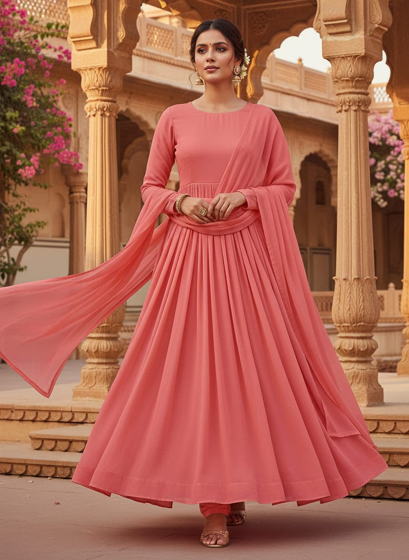 Peach Plain Georgette Solid Fabric