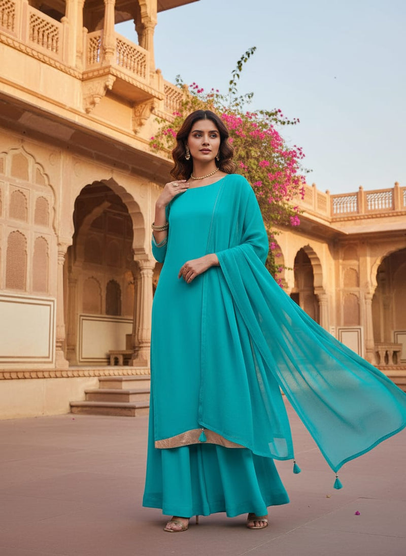 Blue Plain Georgette Solid Fabric