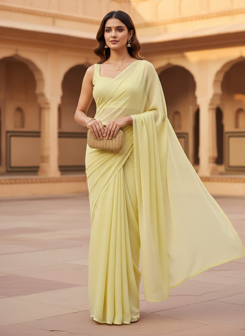 Lemon Yellow Plain Georgette Solid Fabric