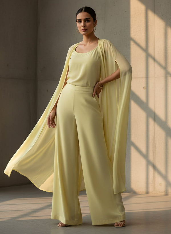 Lemon Yellow Plain Georgette Solid Fabric - Cape with Palazzo Lookbook - PLG-0-FVS2022682-110 - alternate view