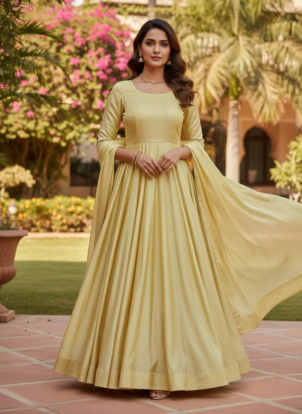Yellow Plain Japan Satin Solid Fabric - Anarkali Kurta Set Lookbook - PLJS-0-FVS2022688-110 - alternate view