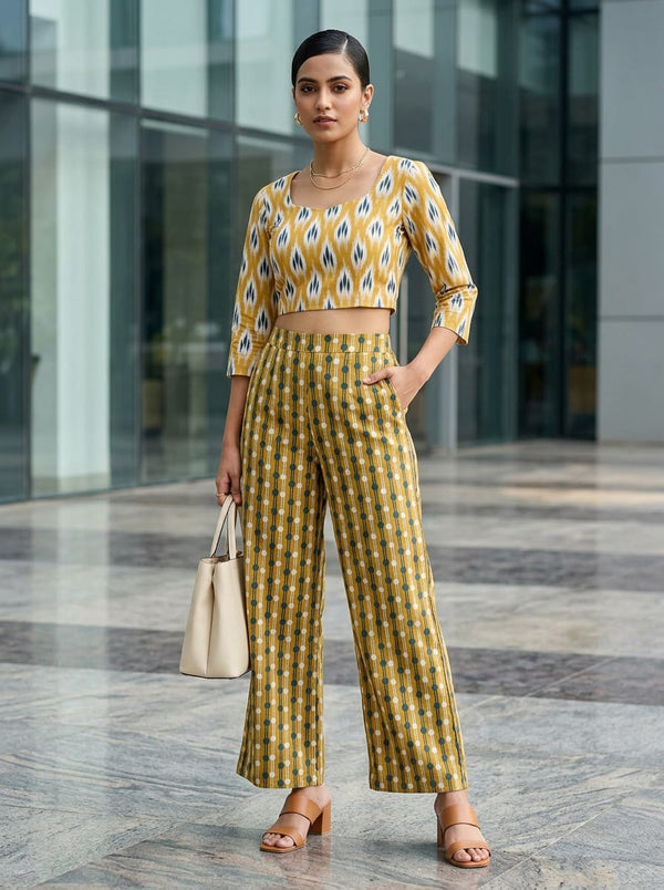 Yellow Abstract Ikat Pattern & Yellow Striped Polka Dot Pattern Cotton Digital Printed Fabric Set - Co-ord Set with Wide Leg Pants Lookbook - SET-0-FVS202375-101 - alternate view