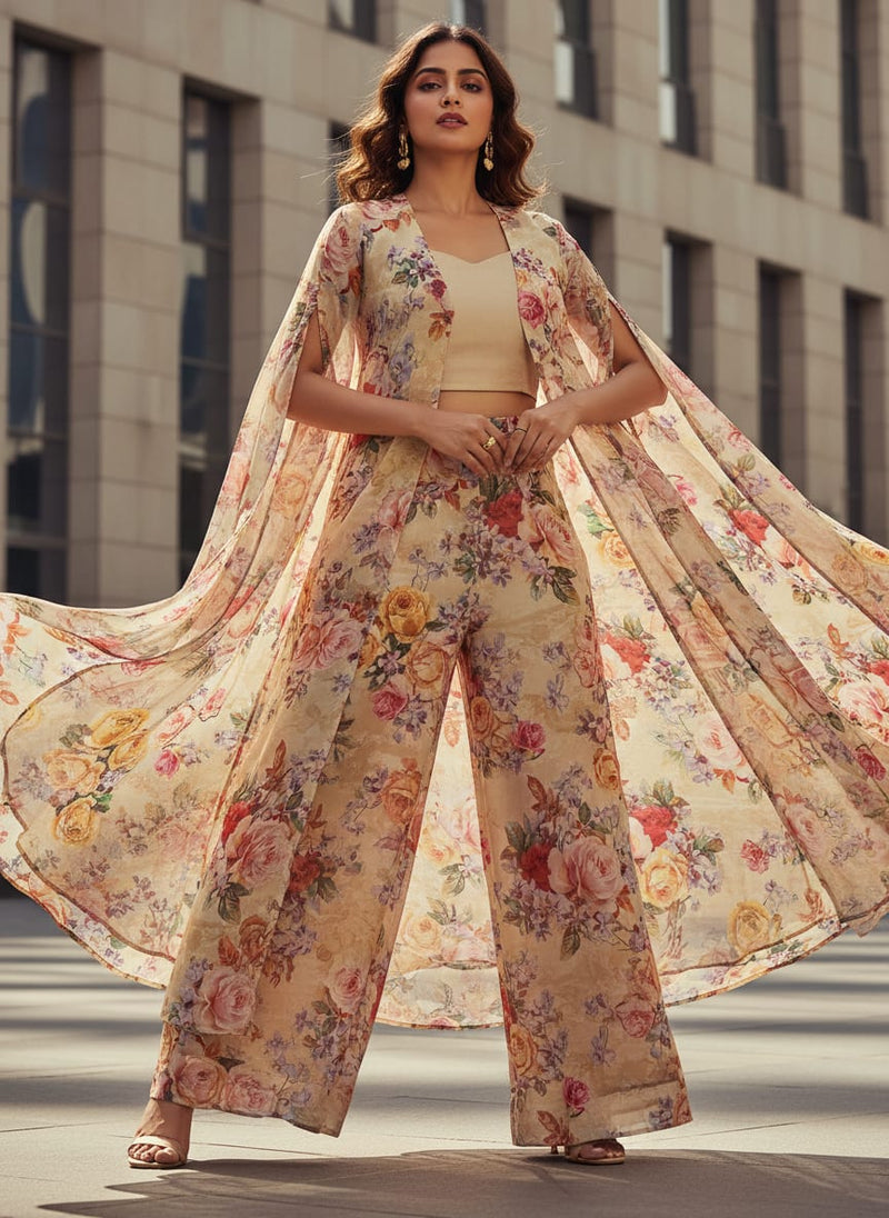 Classy and elegant floral print digital printed fabric in cream by FAB VOGUE Studio