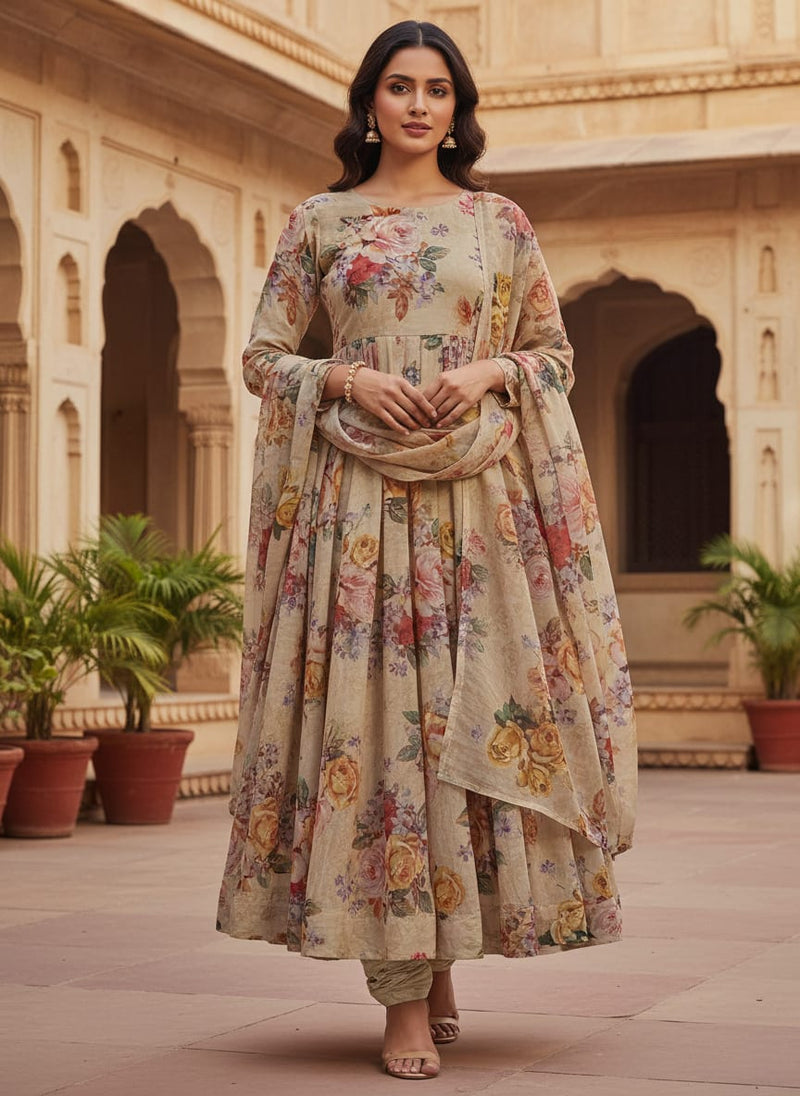 Classy and elegant floral print digital printed fabric in cream by FAB VOGUE Studio
