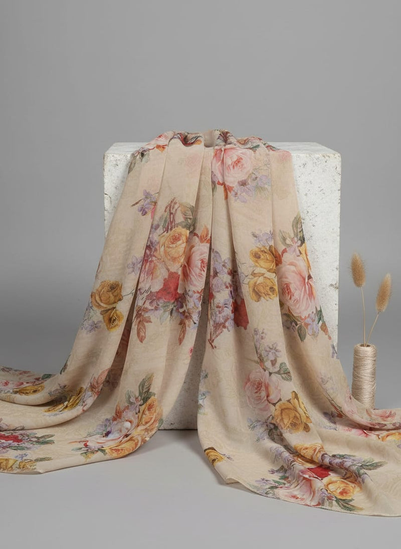 Classy and elegant floral print digital printed fabric in cream by FAB VOGUE Studio