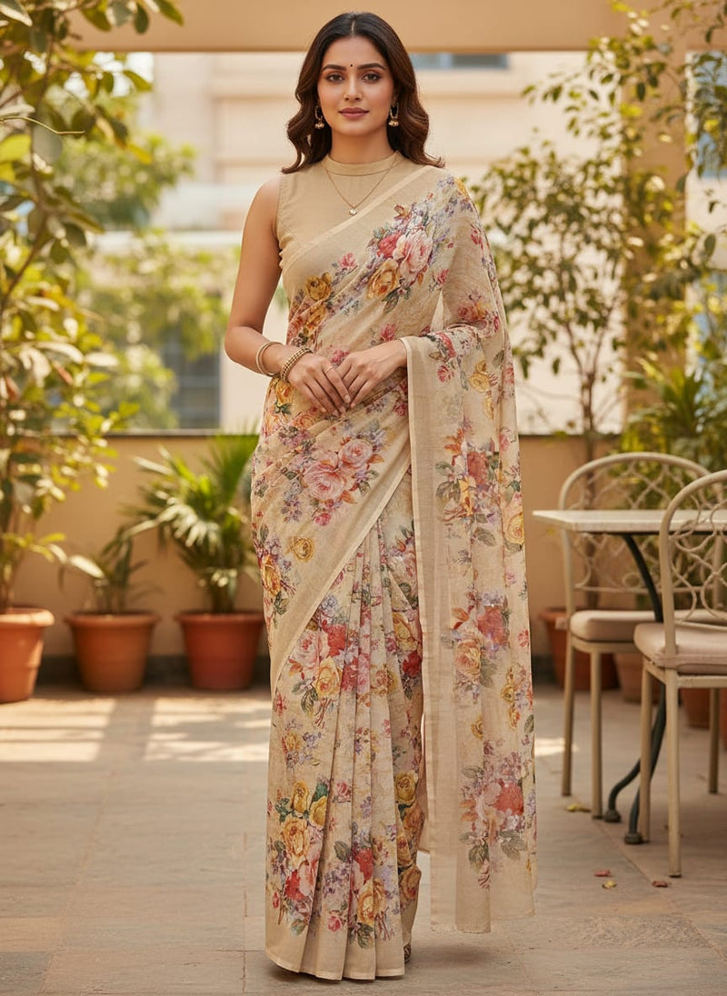 Classy and elegant floral print digital printed fabric in cream by FAB VOGUE Studio