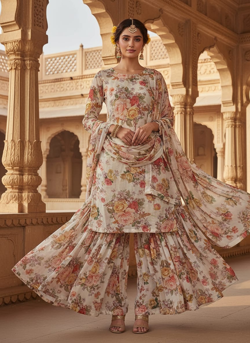 Classy white floral digital printed fabric from FAB VOGUE Studio