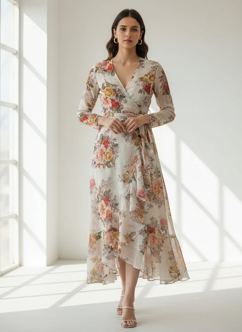 Classy white floral digital printed fabric from FAB VOGUE Studio