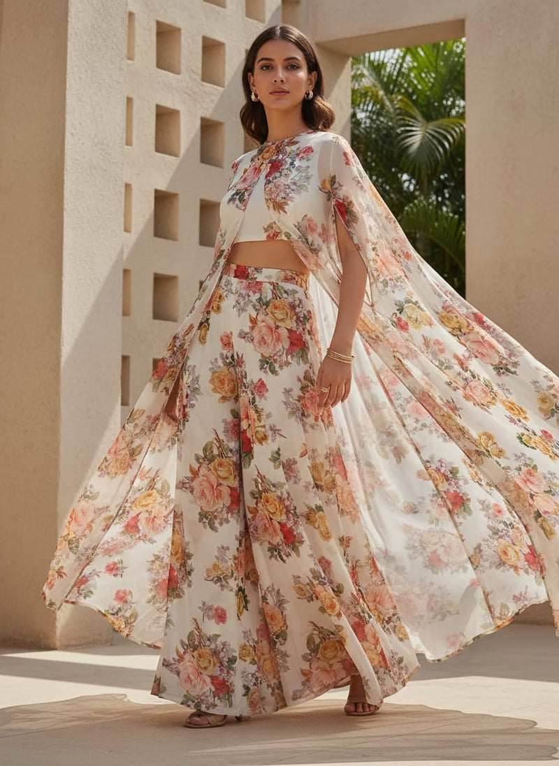 Classy white floral digital printed fabric from FAB VOGUE Studio