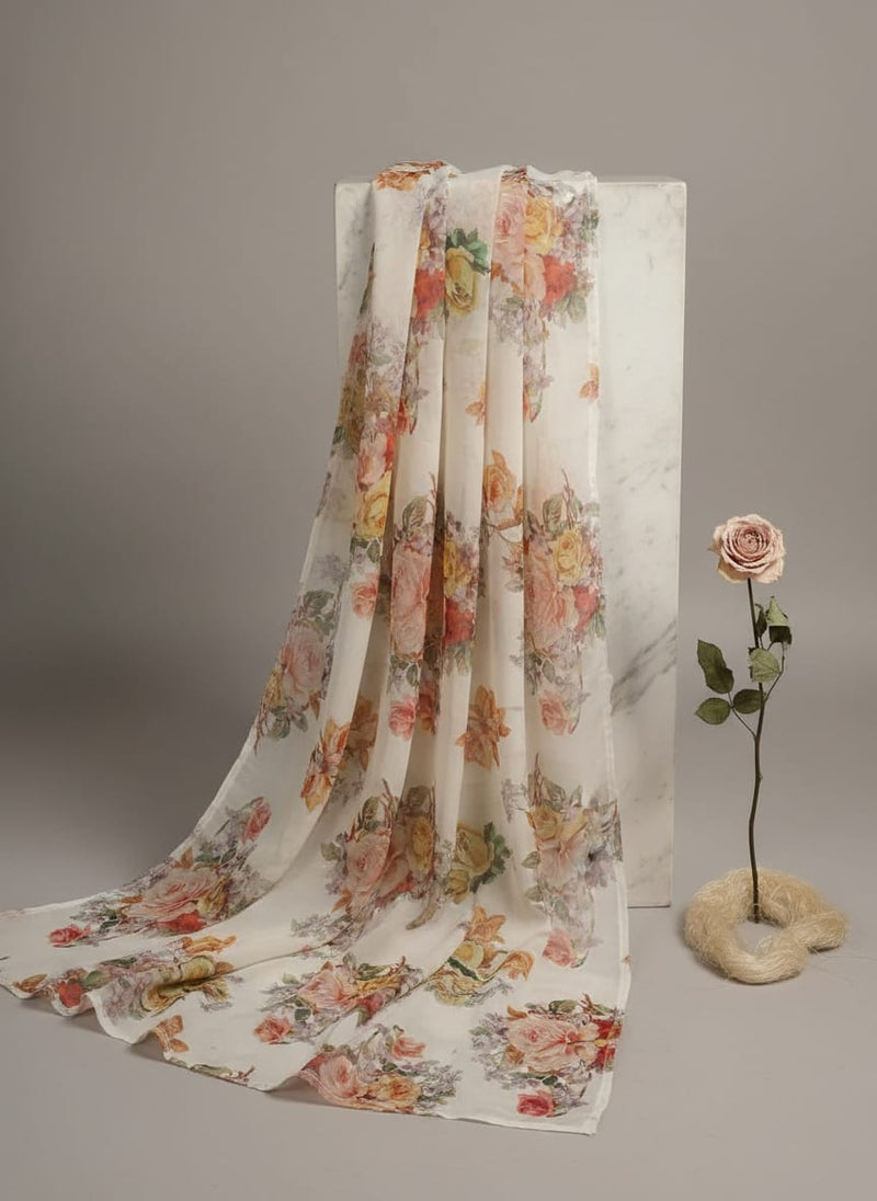 Classy white floral digital printed fabric from FAB VOGUE Studio