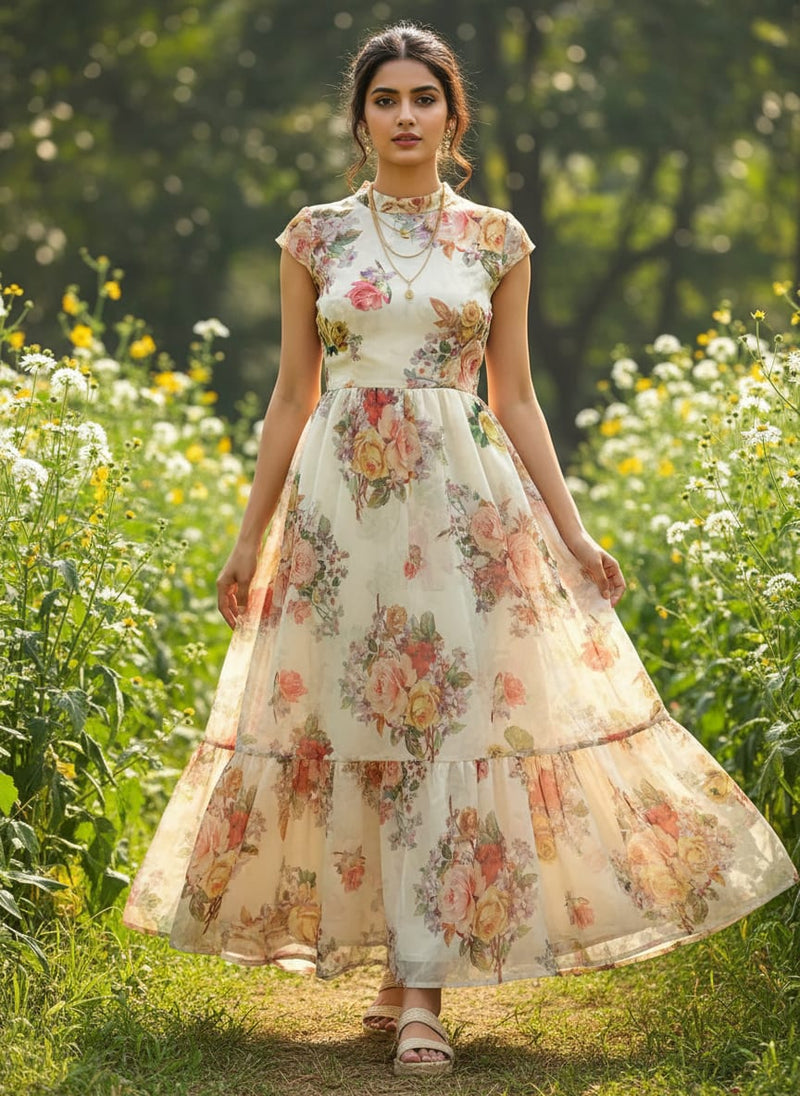 Classy white floral digital printed fabric from FAB VOGUE Studio