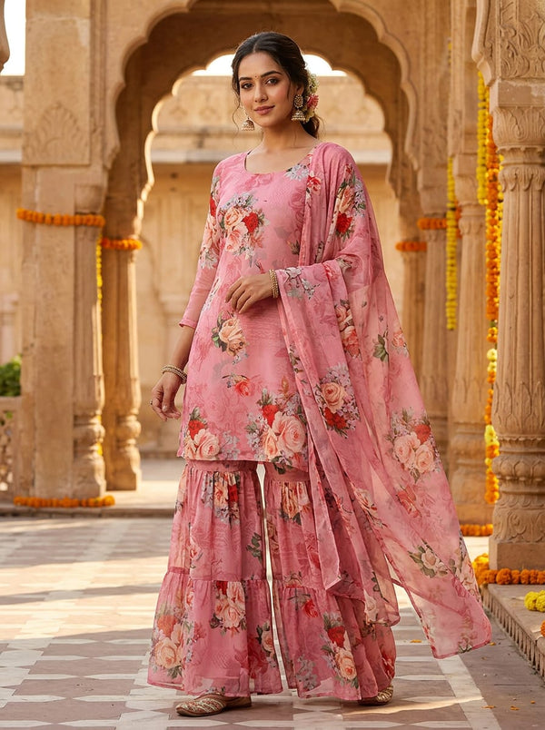 Pink Vintage Painterly Rose Floral Weightless Digital Printed Fabric - Sharara Set Lookbook - WE-0-FVS2022696-110 - alternate view