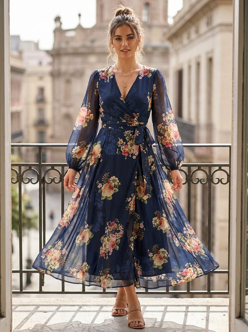 Navy Vintage Floral Bouquet Weightless Digital Printed Fabric