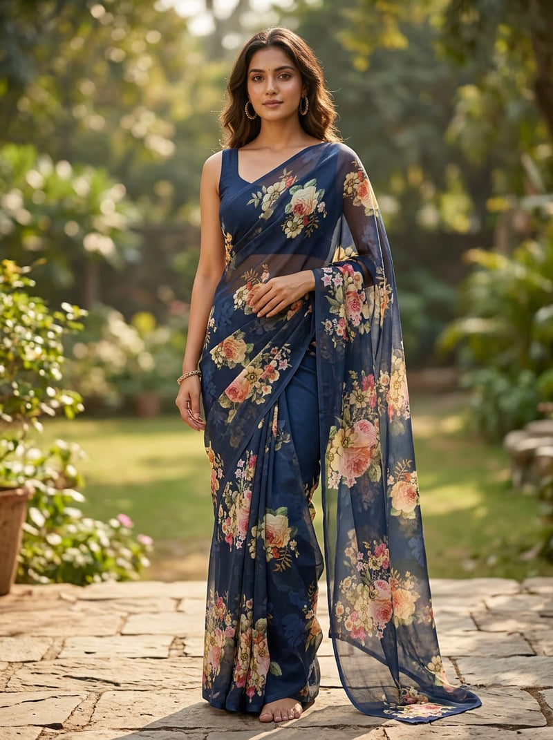 Navy Vintage Floral Bouquet Weightless Digital Printed Fabric