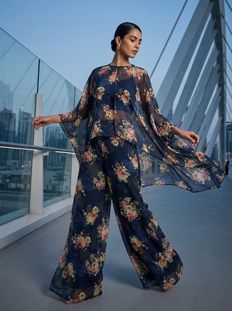 Navy Vintage Floral Bouquet Weightless Digital Printed Fabric