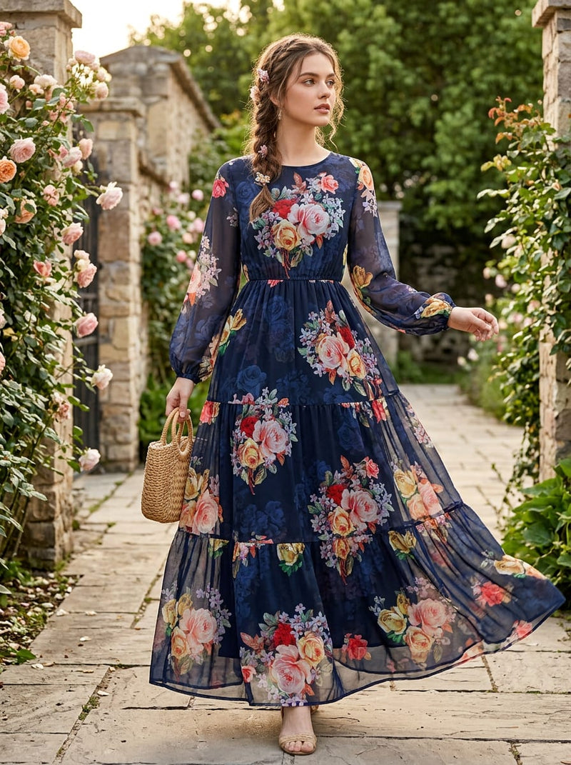 Navy Vintage Rose Floral Weightless Digital Printed Fabric