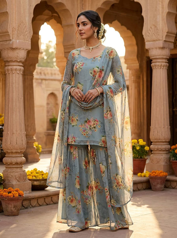Grey Vintage Floral Bouquet Weightless Digital Printed Fabric - Sharara Set Lookbook - WE-0-FVS2022697-110 - alternate view