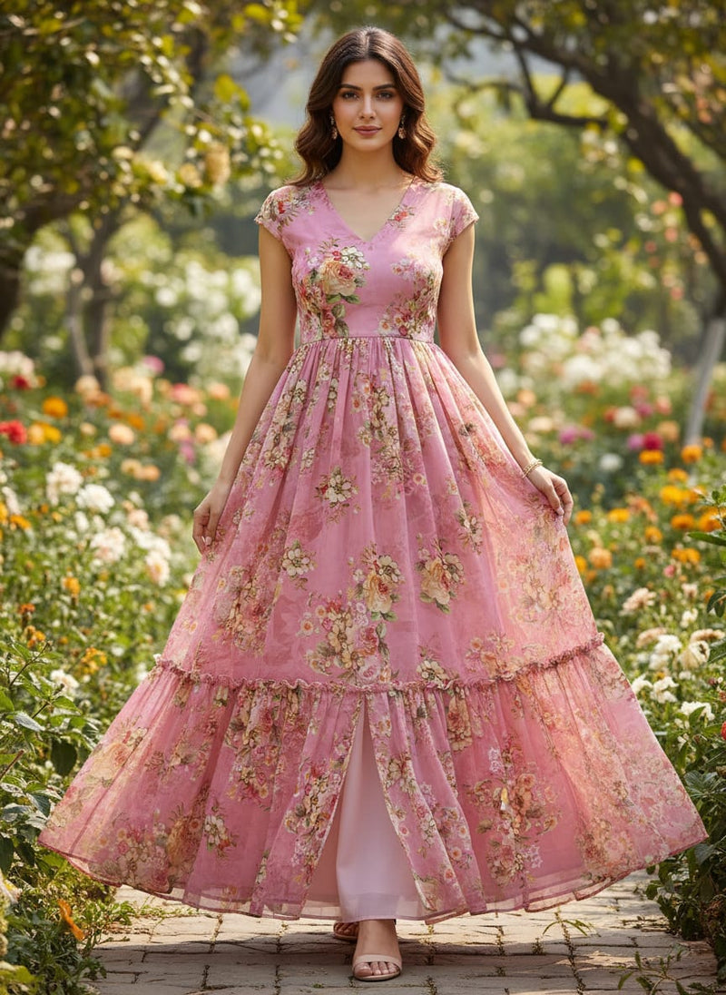 Gorgeous pink floral digital printed weightless fabric from FAB VOGUE Studio