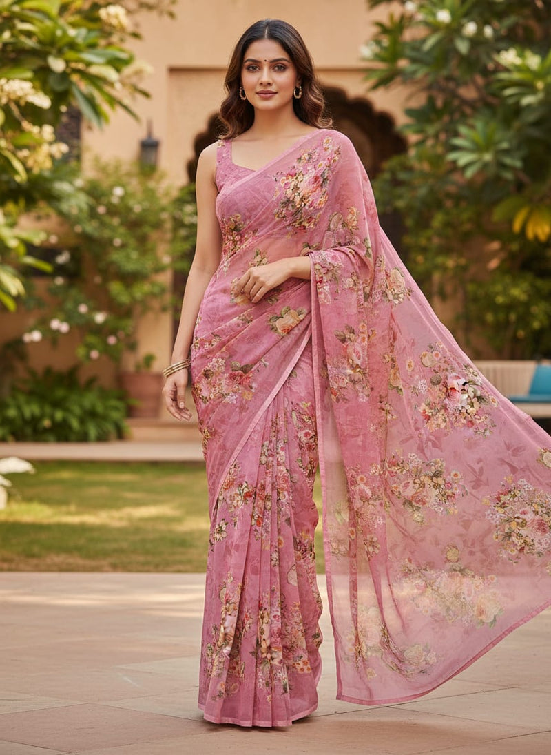 Gorgeous pink floral digital printed weightless fabric from FAB VOGUE Studio