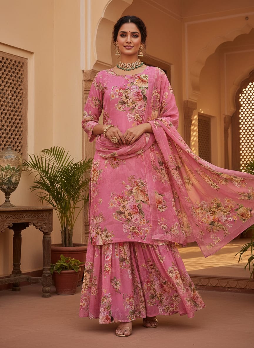 Gorgeous pink floral digital printed weightless fabric from FAB VOGUE Studio