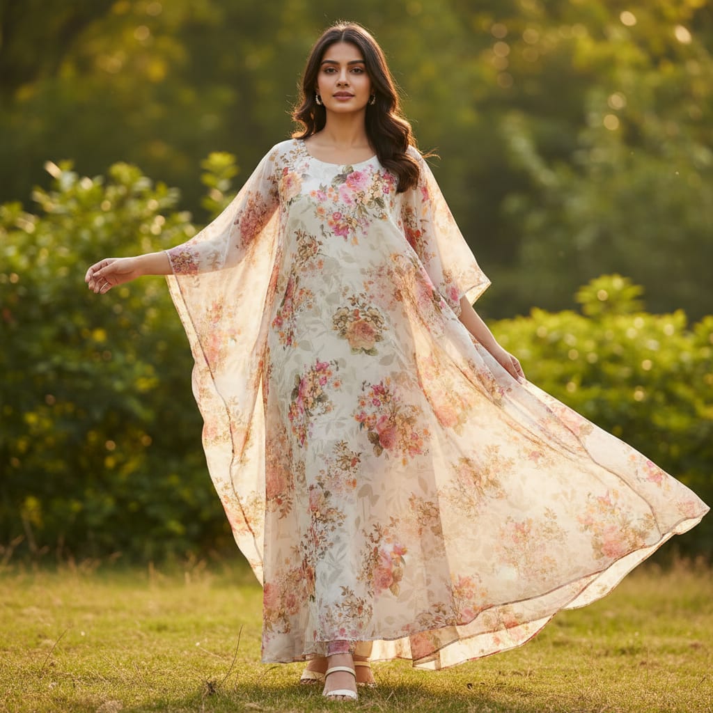 Gorgeous white floral digital printed fabric by FAB VOGUE Studio