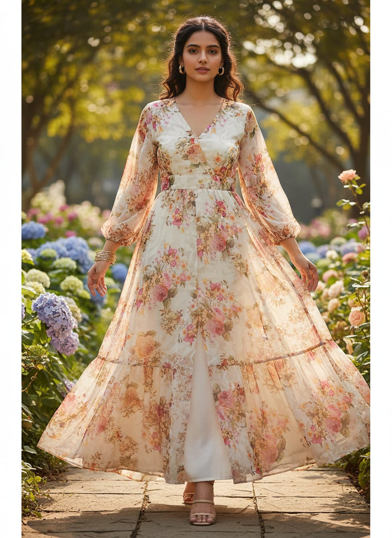 Gorgeous white floral digital printed fabric by FAB VOGUE Studio