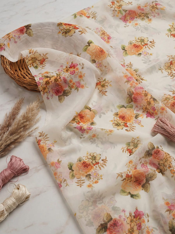 Cream Vintage Watercolor Floral Weightless Digital Printed Fabric