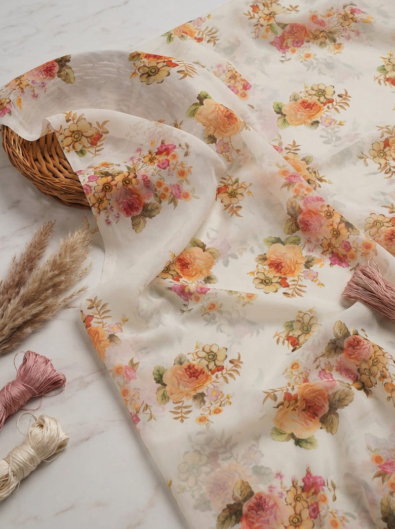 Cream Vintage Watercolor Floral Weightless Digital Printed Fabric