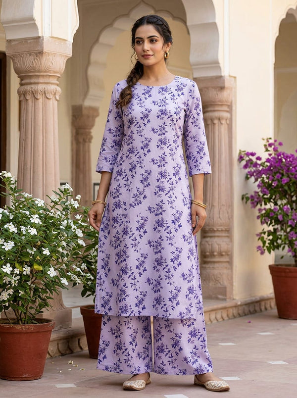 Purple Ditsy Floral Vine Cotton Digital Printed Fabric - Straight Kurta with Palazzo Lookbook - POCO-0-MA08640-108 - alternate view