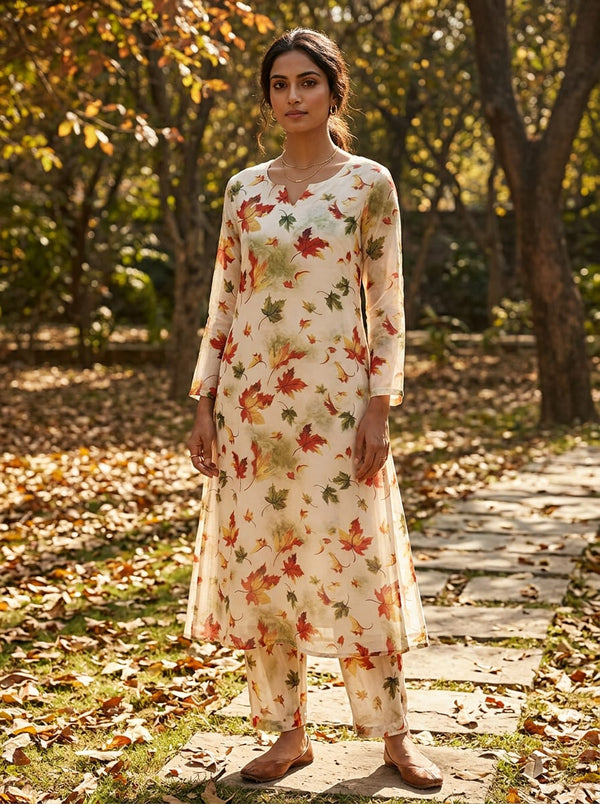 Multicolor Autumn Maple Leaves Print Muslin Digital Printed Fabric - A-Line Kurta with Salwar Lookbook - MU-0-TA06094-110 - alternate view