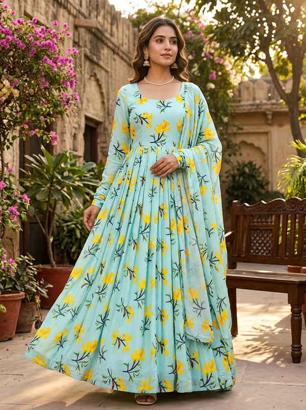 Teal Yellow Daffodil Floral Natural Crepe Digital Printed Fabric - Anarkali Kurta Set Lookbook - NC-0-TA01241-108 - alternate view