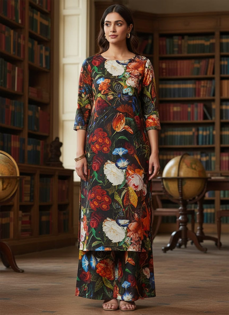 Gorgeous black and multicolor damask digital printed fabric