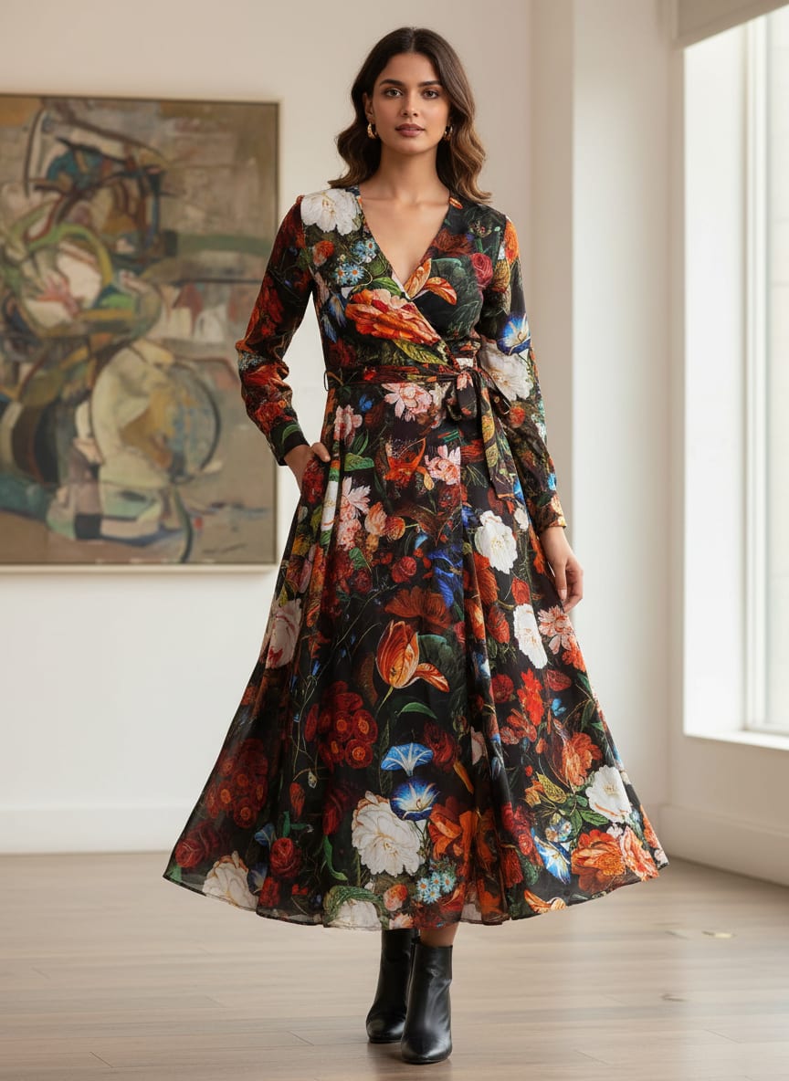 Multicolor Vintage Floral Bouquet Natural Crepe Digital Printed Fabric