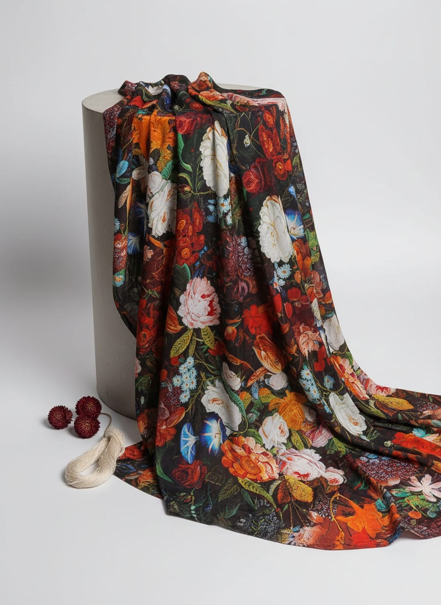 Multicolor Vintage Floral Bouquet Natural Crepe Digital Printed Fabric
