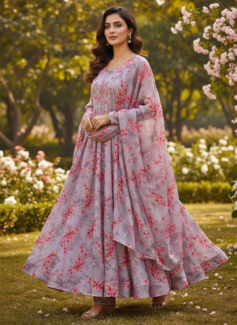 Classy digital printed fabric in natural crepe with gray ditsy pattern