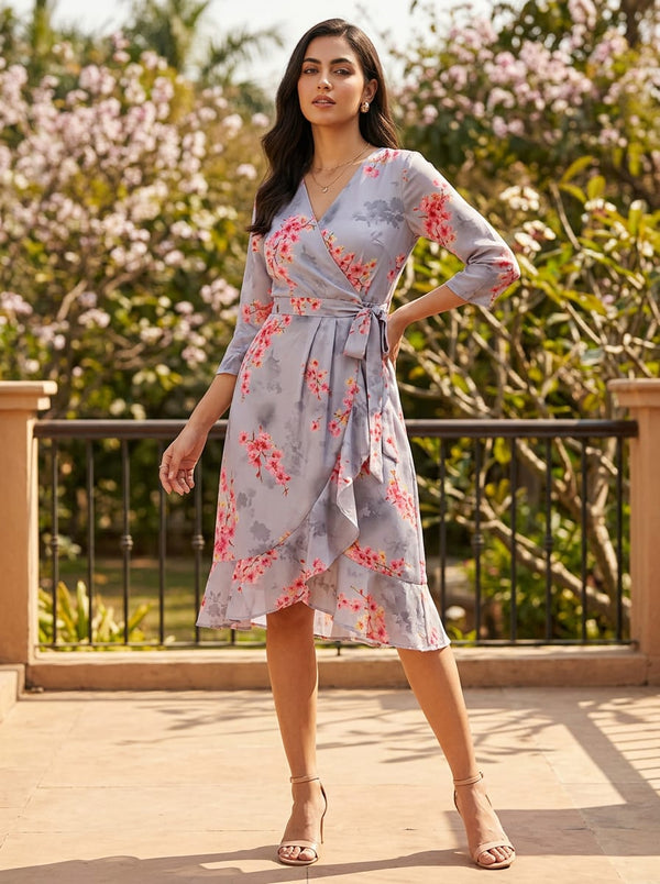 Grey Cherry Blossom Floral Natural Crepe Digital Printed Fabric - Wrap Dress Lookbook - NC-0-TA08283P4-108 - alternate view