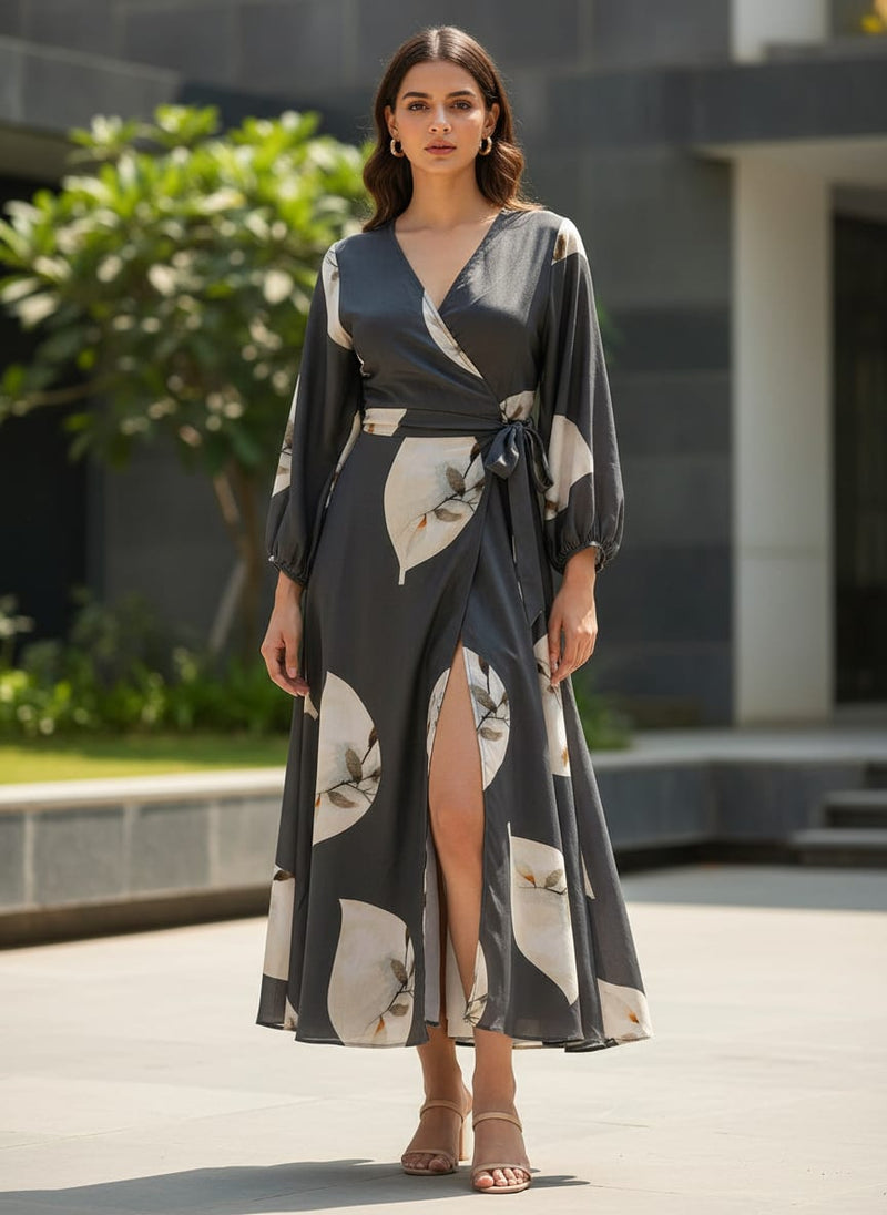 Gorgeous digital printed fabric in natural crepe with leaves pattern