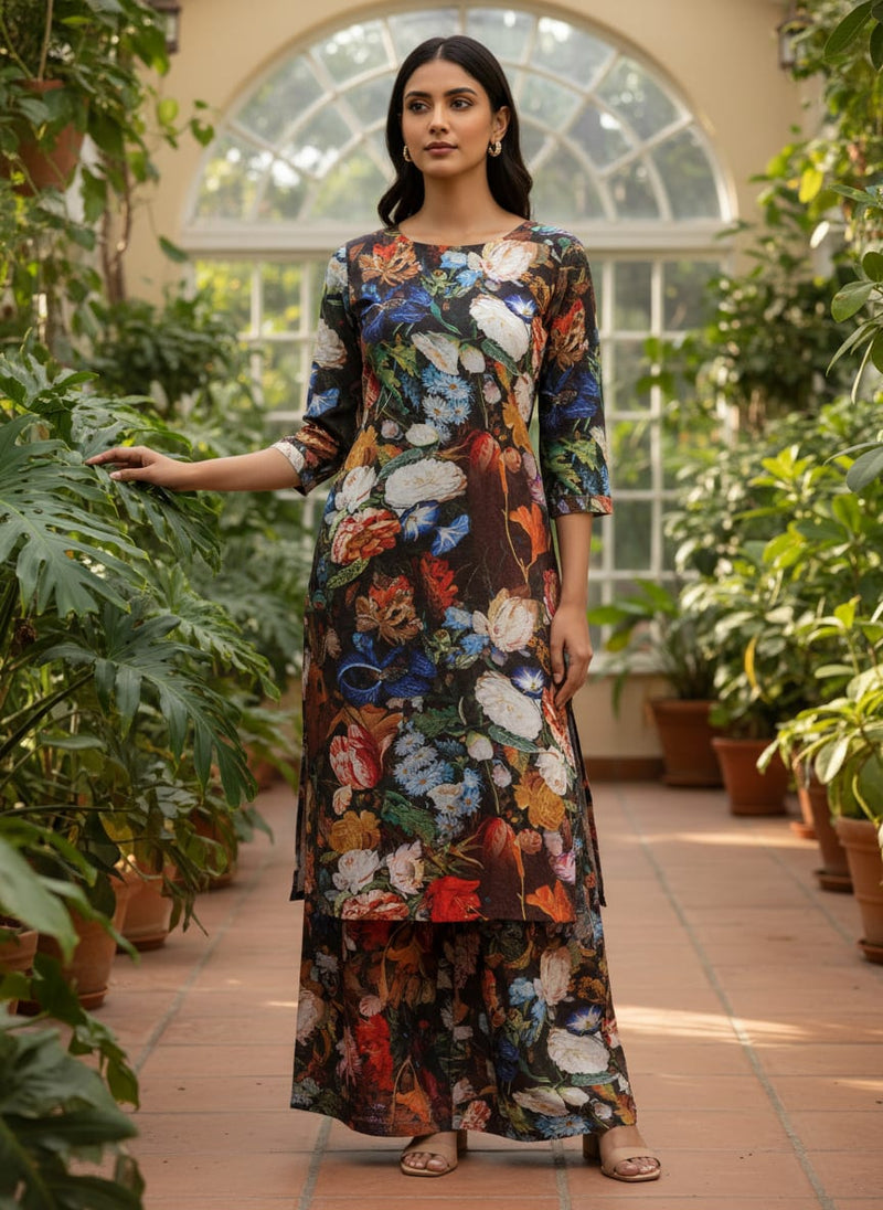 Gorgeous digital printed cotton fabric with damask pattern in black and multicolor