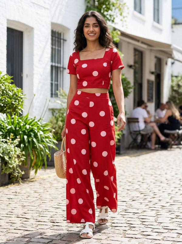 Red Bold Polka Dot Cotton Digital Printed Fabric - Crop Top Co-ord Set Lookbook - POCO-0-TA07539-108 - alternate view