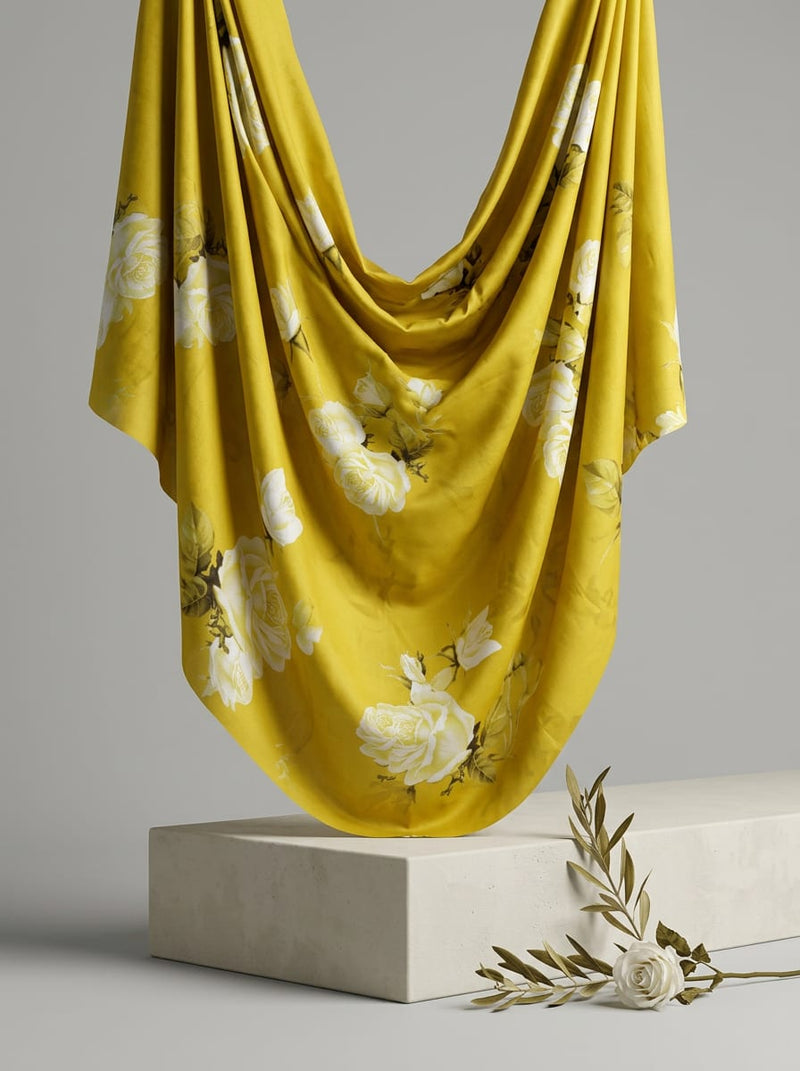 Yellow Photorealistic White Roses Floral Cotton Digital Printed Fabric