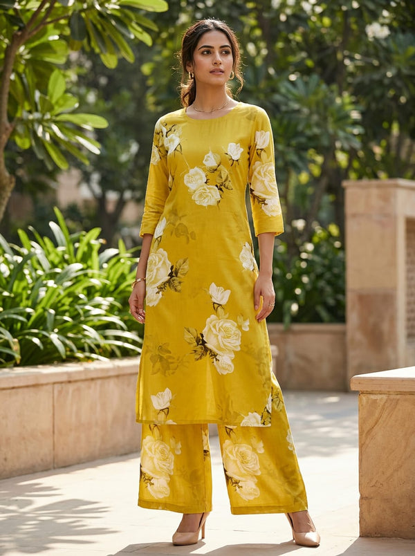 Yellow Photorealistic White Roses Floral Cotton Digital Printed Fabric - Straight Kurta with Palazzo Lookbook - POCO-0-TA06831P8-108 - alternate view
