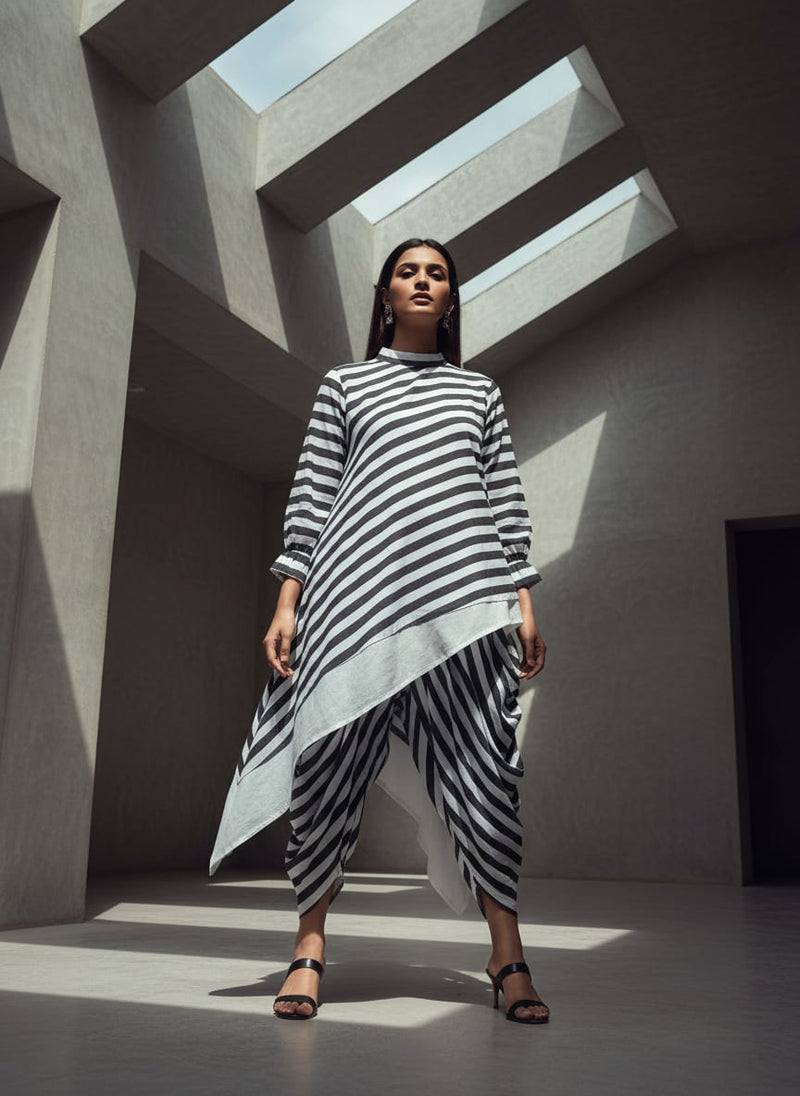Gorgeous digital printed Cotton fabric with white and black stripes
