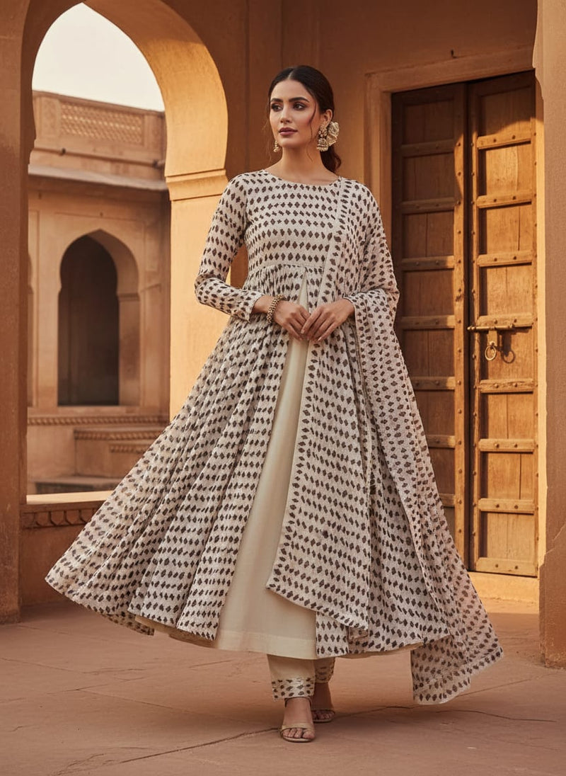 Classy digital printed fabric in cream color