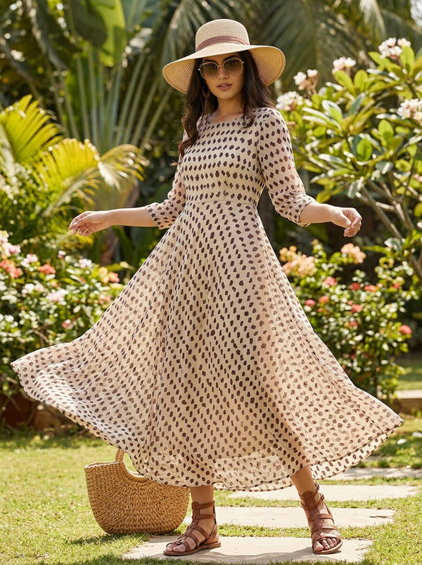 Cream Abstract Animal Spots Georgette Digital Printed Fabric - Flowy Maxi Dress Lookbook - POG-0-TA07591-110 - alternate view